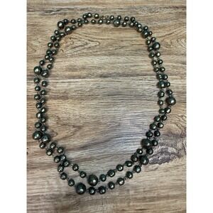 Vintage Faux Pearl Necklace Flapper Length 60 inch Shiny Green Gold Tone Chain